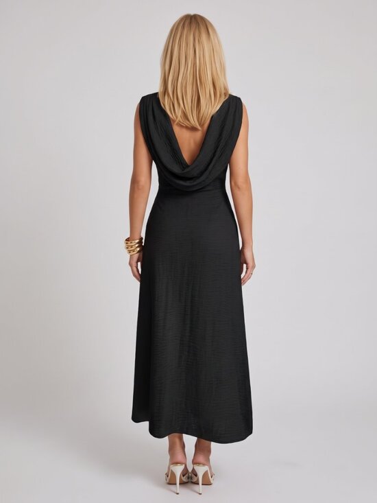 Dresses & Skirts - Women's Black Backless Draped Neck Maxi Dress Pleated Waist Formal Gown